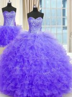 Superior Three Piece Ball Gowns Quinceanera Gown Lavender Strapless Tulle Sleeveless Floor Length Lace Up