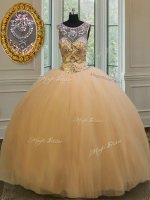 Fashion Scoop Sleeveless Floor Length Beading and Appliques Backless Sweet 16 Quinceanera Dress with Gold