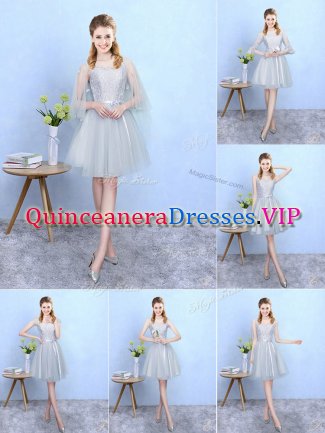 Charming Lace Damas Dress Silver Lace Up Sleeveless Knee Length