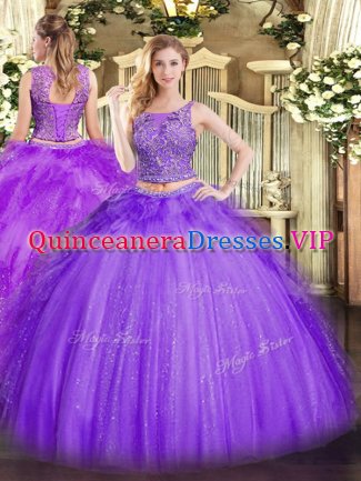 On Sale Lavender Tulle Lace Up Quinceanera Gown Sleeveless Floor Length Beading and Ruffles