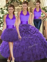 Smart Purple Halter Top Neckline Ruffles Sweet 16 Dress Sleeveless Lace Up