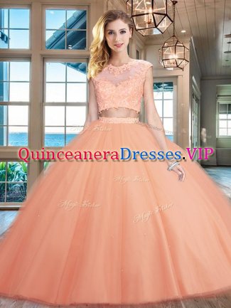 Smart Peach Scoop Zipper Beading and Appliques Vestidos de Quinceanera Cap Sleeves