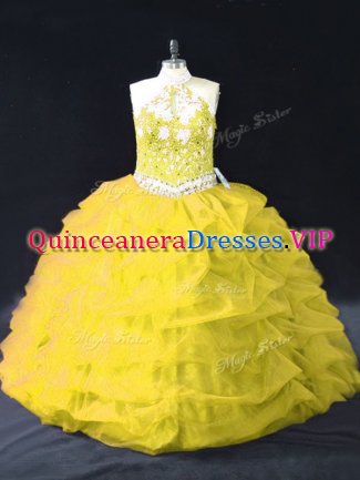 Gold Ball Gowns Appliques and Pick Ups 15 Quinceanera Dress Backless Organza Sleeveless Floor Length