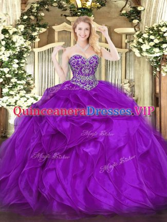 Eggplant Purple Sweetheart Neckline Beading and Ruffles Ball Gown Prom Dress Sleeveless Lace Up