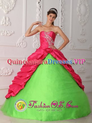 Wilmslow Cheshire Coral Red and Spring Green Appliques and Ruch Quinceanera Dress With Sweetheart Taffeta