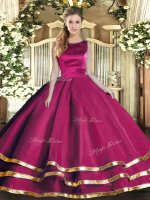 Scoop Sleeveless Lace Up 15th Birthday Dress Fuchsia Tulle