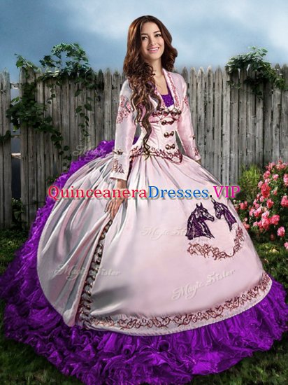 Purple Ball Gowns Satin Sweetheart Sleeveless Embroidery and Ruffles Floor Length Lace Up Sweet 16 Quinceanera Dress - Click Image to Close