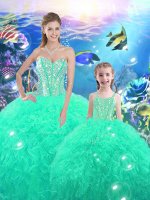 Floor Length Lace Up 15 Quinceanera Dress Turquoise for Military Ball and Sweet 16 and Quinceanera with Beading and Ruffles