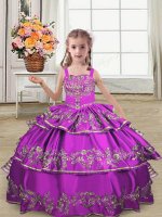 Low Price Purple Lace Up Straps Embroidery and Ruffled Layers Pageant Gowns For Girls Satin Sleeveless