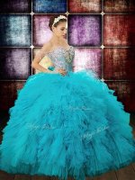 Aqua Blue Ball Gowns Tulle Off The Shoulder Sleeveless Beading and Ruffles and Sequins Floor Length Zipper Vestidos de Quinceanera