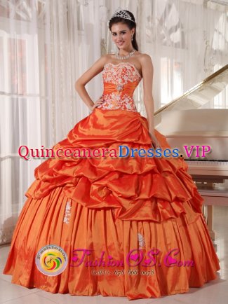 Choloma Honduras Rust Red Quinceanera Dress With Appliques Decorate Bodice and Pick-ups Sweetheart Taffeta Ball Gown