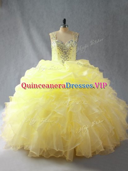 Romantic Yellow Quinceanera Gowns Sweet 16 and Quinceanera with Beading and Ruffles Straps Sleeveless Zipper - Click Image to Close