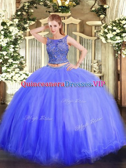 Blue Military Ball Gown Military Ball and Sweet 16 and Quinceanera with Beading Scoop Sleeveless Lace Up - Click Image to Close