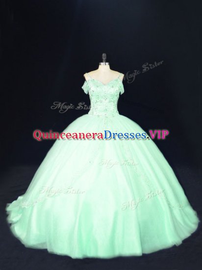 Custom Designed Tulle Off The Shoulder Sleeveless Court Train Lace Up Beading Sweet 16 Quinceanera Dress in Apple Green - Click Image to Close