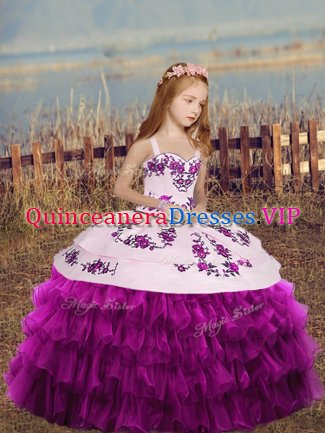 Hot Sale Fuchsia Organza Lace Up Pageant Gowns For Girls Sleeveless Floor Length Embroidery and Ruffled Layers and Bowknot