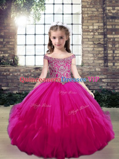 Elegant Tulle Off The Shoulder Sleeveless Lace Up Beading Little Girls Pageant Dress in Fuchsia - Click Image to Close