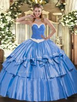 Sleeveless Organza and Taffeta Floor Length Lace Up Ball Gown Prom Dress in Blue with Appliques and Ruffled Layers