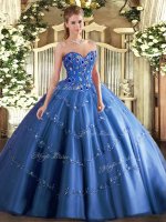 Floor Length Lace Up Vestidos de Quinceanera Blue for Military Ball and Sweet 16 and Quinceanera with Appliques and Embroidery(SKU SJQDDT1131002-2BIZ)