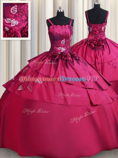 Discount Burgundy Satin Lace Up Straps Sleeveless Floor Length Quince Ball Gowns Embroidery and Hand Made Flower - Click Image to Close