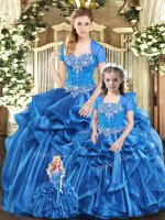 Chic Blue Lace Up Sweetheart Beading and Ruffles 15th Birthday Dress Organza Sleeveless