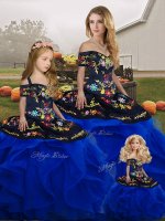 Fantastic Sleeveless Floor Length Embroidery and Ruffles Lace Up 15th Birthday Dress with Royal Blue