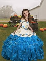 Low Price Blue and Baby Blue Lace Up Straps Embroidery and Ruffles Kids Pageant Dress Organza Sleeveless