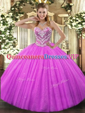 Sophisticated Floor Length Lace Up Quinceanera Gown Fuchsia for Military Ball and Sweet 16 and Quinceanera with Beading