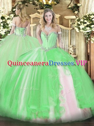 Lace Up Sweetheart Beading and Ruffles Quince Ball Gowns Tulle Sleeveless