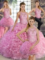 Customized Rose Pink Lace Up Scoop Beading Ball Gown Prom Dress Fabric With Rolling Flowers Sleeveless