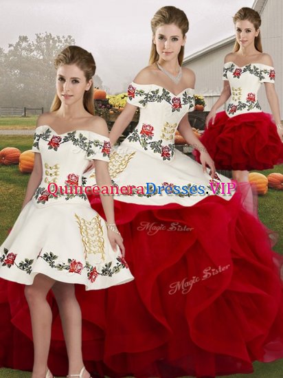 Ball Gowns 15th Birthday Dress White And Red Off The Shoulder Tulle Sleeveless Floor Length Lace Up - Click Image to Close