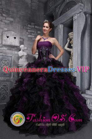 Vaughan Ontario/ON Strapless Appliques and Decorate Bodice Ruffles Taffeta and Organza Exclusive Drak Purple and Black Quinceanera Dresses