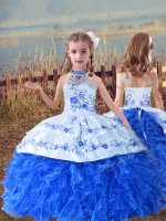 Blue And White Ball Gowns Beading and Embroidery and Ruffles Child Pageant Dress Lace Up Organza Sleeveless Floor Length