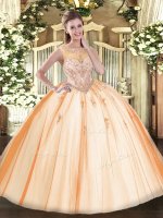 Scoop Sleeveless Military Ball Gown Floor Length Beading and Appliques Peach Tulle