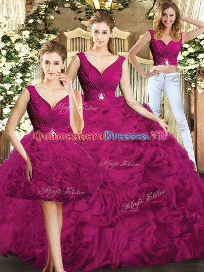 Fuchsia Three Pieces V-neck Sleeveless Fabric With Rolling Flowers Floor Length Backless Beading Sweet 16 Quinceanera Dress - Click Image to Close