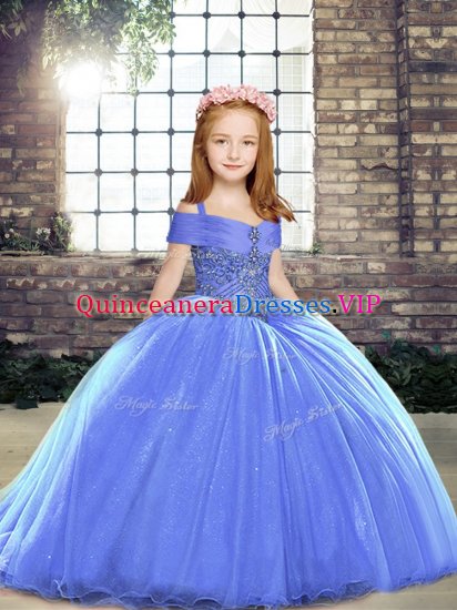 Super Straps Sleeveless Pageant Dress Toddler Brush Train Beading Blue Tulle - Click Image to Close