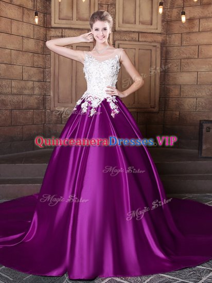 Clearance Scoop Sleeveless Quinceanera Gown With Train Court Train Lace and Appliques Eggplant Purple Elastic Woven Satin - Click Image to Close