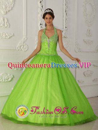 Nebraska City Nebraska/NE A-line Popular Spring Green Halter-top Quinceanera Gowns With Tulle Beaded Decorate