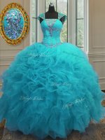 Aqua Blue Organza Lace Up Straps Cap Sleeves Floor Length Sweet 16 Quinceanera Dress Beading and Ruffles and Sequins