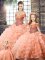 Peach Sleeveless Brush Train Beading and Ruffled Layers Quinceanera Gown