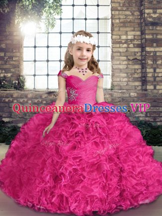 Fuchsia Straps Neckline Beading Pageant Dresses Sleeveless Lace Up