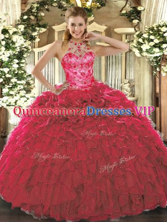 Superior Red Halter Top Neckline Beading and Ruffles Quinceanera Dresses Sleeveless Lace Up