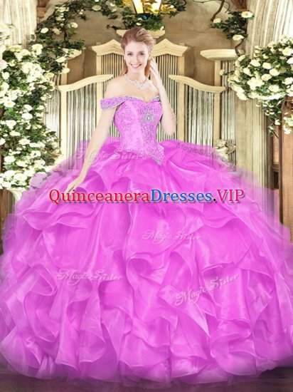 On Sale Lilac Lace Up Off The Shoulder Beading and Ruffles Quinceanera Gowns Organza Sleeveless - Click Image to Close