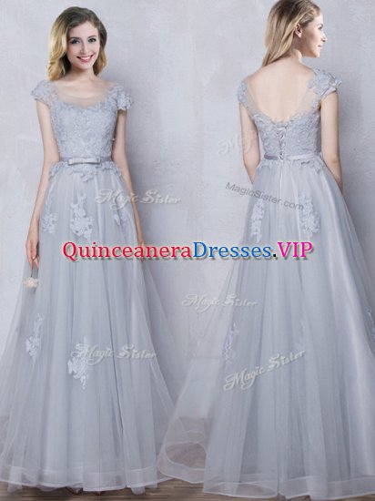 Scoop Floor Length Grey Dama Dress for Quinceanera Tulle Cap Sleeves Lace and Appliques and Belt - Click Image to Close