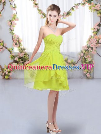 High Class Ruffles and Ruching Quinceanera Dama Dress Yellow Green Lace Up Sleeveless Knee Length