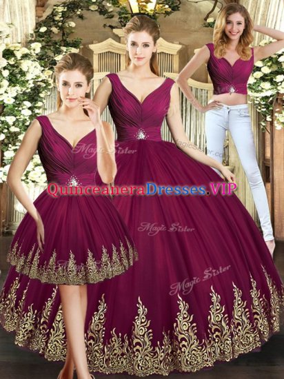 Eye-catching Burgundy Sleeveless Floor Length Beading and Appliques Backless 15th Birthday Dress - Click Image to Close