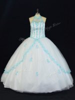 Sexy Sleeveless Floor Length Appliques Lace Up Quince Ball Gowns with Blue And White