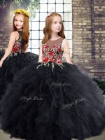 New Style Sleeveless Tulle Floor Length Zipper Little Girl Pageant Gowns in Black with Embroidery and Ruffles