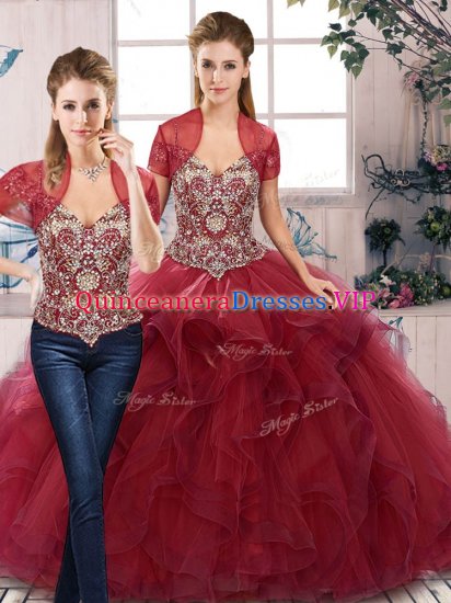 Glorious Off The Shoulder Sleeveless 15 Quinceanera Dress Floor Length Beading and Ruffles Burgundy Tulle - Click Image to Close