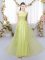 Yellow Green Tulle Lace Up Quinceanera Dama Dress Sleeveless Floor Length Lace