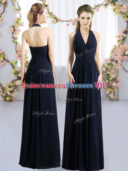 New Arrival Sleeveless Floor Length Ruching Lace Up Vestidos de Damas with Navy Blue - Click Image to Close